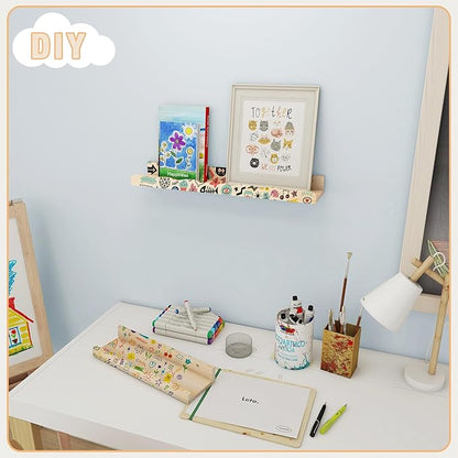 Fun Memories Picture Ledge Shelf for Wall, 24 inch Pine Wood Nursery Book Shelves Set of 2- Wall Book Shelves for Kids Room, Home Decor - Kitchen Spice-Natural.