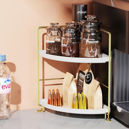 2-Tier Corner Bathroom Countertop Organizer, Tiny Counter Corner Shelf Skincare Makeup Perfume Organizer and Organization for Kitchen (Luxury Gold)