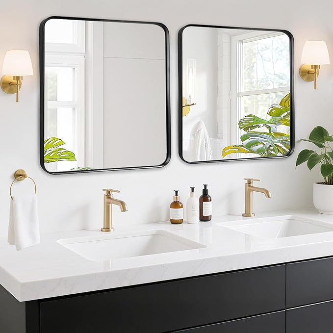 Bathroom Mirror for Over Sink - 24x24 Inch Black Matte Bathroom Mirrors for Vanity, Wall Mounted Rectangle Framed Mirror for Restroom, Fireplace, Living Room Decor