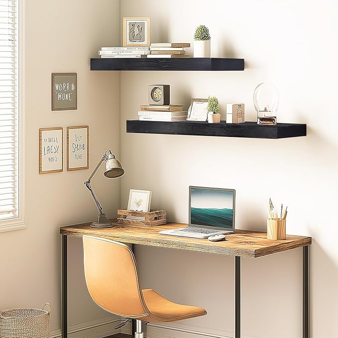 36x6.8x2 Inch Rustic Floating Shelves for Wall Set of 2 - Black Solid Wood Wall Mounted Shelves with Invisible Bracket, Extended Design for Farmhouse Living Room Bedroom Kitchen Decor