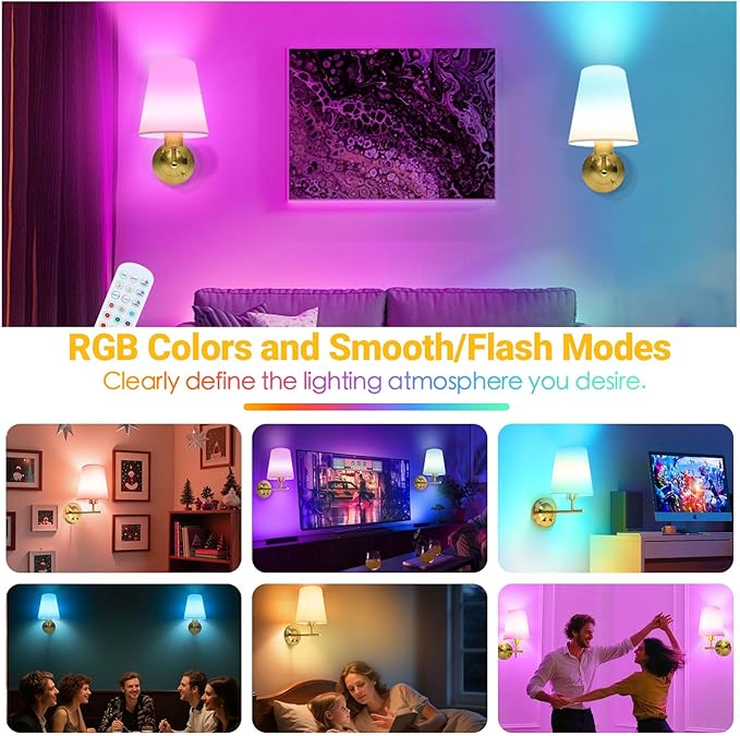Battery Operated Wall Sconce Set of Two with Remote and Dimmable LED Bulbs, 12 Colors Cordless Rechargeable Wall Lights with Timer, Gold Wireless Wall Lamps for Bedroom Living Room Hallway Entryway