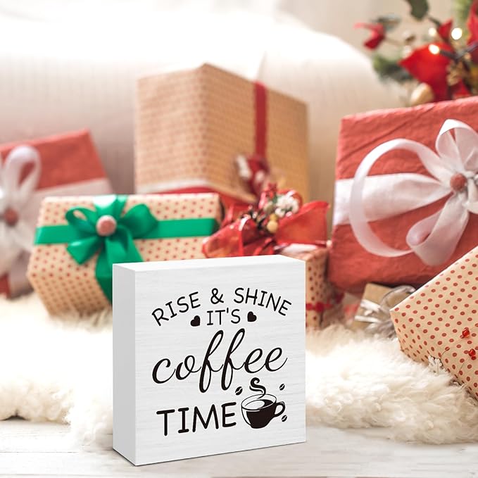 Farmhouse Coffee Bar Decor Sign, It's Coffee Time Wood Block Sign for Home Kitchen Bar Tabletop Decoration 5 x 5 Inches