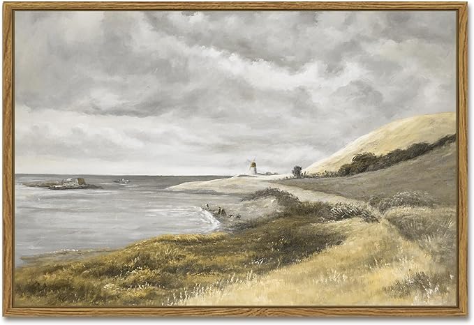 SHENIFY 16x24in Large Coastal Framed Canvas Wall Art Vintage Landscape Seascape Classic Hallway Bedroom Bathroom Living Room Decor - Natural Framed