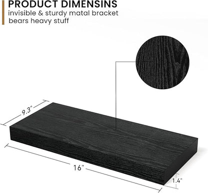 Fun Memories Deep Floating Shelves - 16" W x 9.3" D x 1.6" H Rustic Black Wall Shelf - Wall Mounted Shelves for Storage - Wooden Shelves with Invisible Brackets for Living Room, Farmhouse - Set of 2