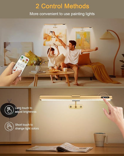 GOVSSING Picture Lights for Wall - 4000mAh Rechargeable Battery Wireless Picture Light with Remote, 3 Color Temps & Dimmable, 15.7” Rotatable Art Light, Memory & Timer Functions, Rose Gold