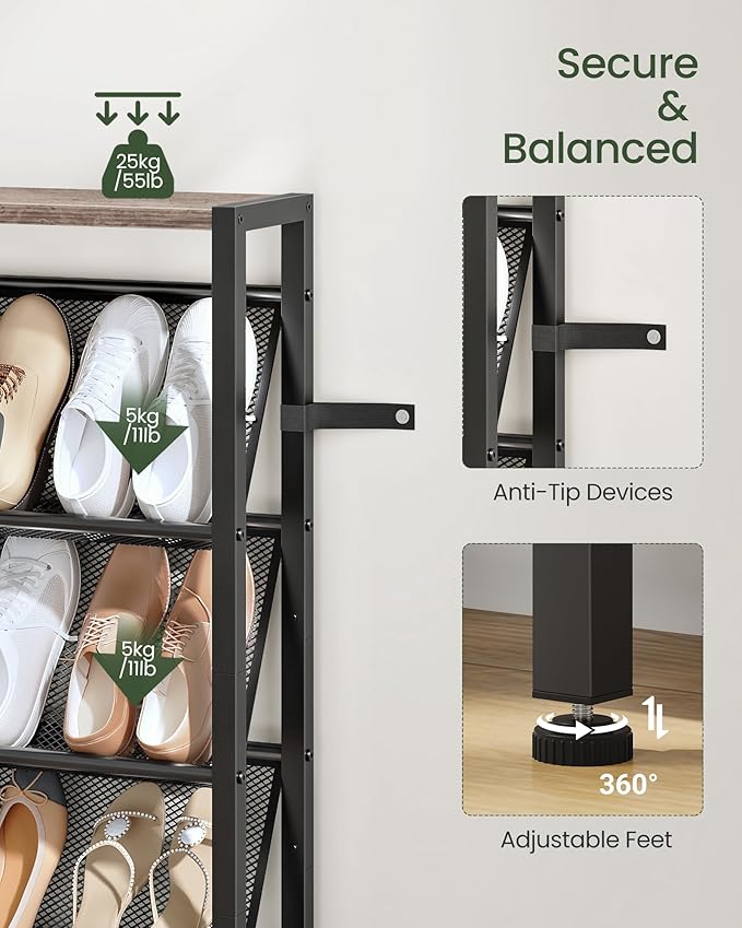 Shoe Rack, 5-Tier Slanted Shoe Rack, Narrow Shoe Storage Shelf, Slim Shoe Organizer for Entryway, Space-Saving, Wooden Top and Metal Frame, for Entryway, Hallway, Greige and Black TXJ03BG
