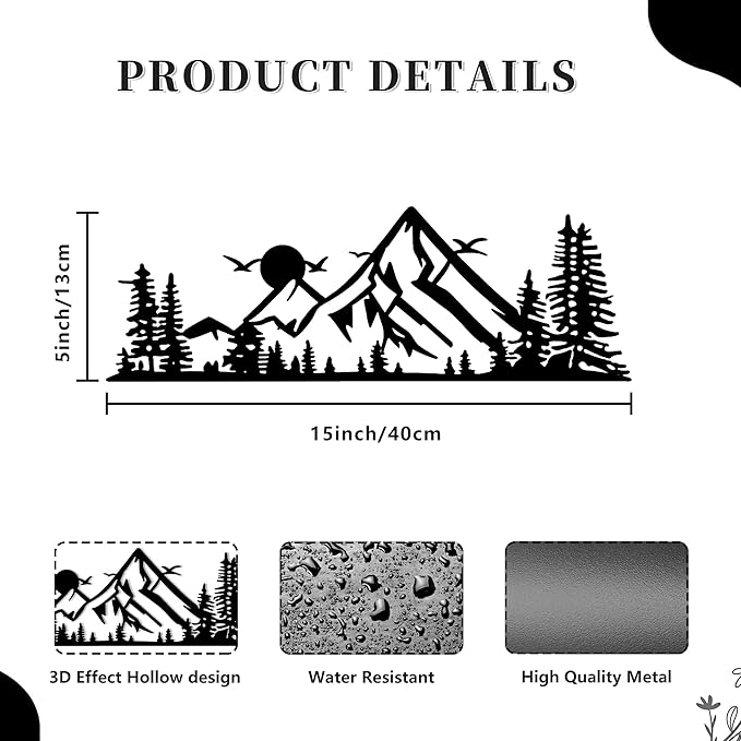 DICYWUDI Black Metal 15.7 x 5.3 inch Mountain Wall Decor – Minimalist Wall Art for or Indoor Kitchen Bathroom Bedroom Living Room Dining Room