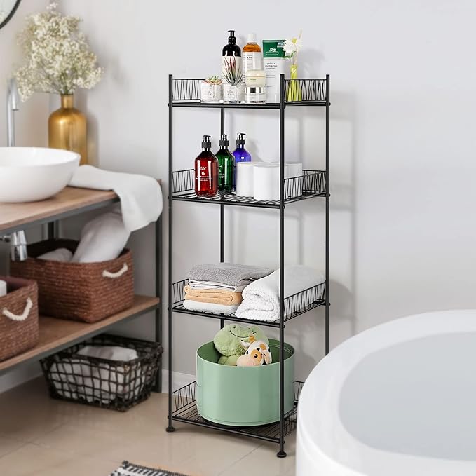 OYEAL Bathroom Shelves Freestanding Bathroom Towel Storage 4 Tier Wire Shelving Unit with Guard Bathroom Shelf Organizer Standing for Pantry Kitchen Laundry Room Organization, Black