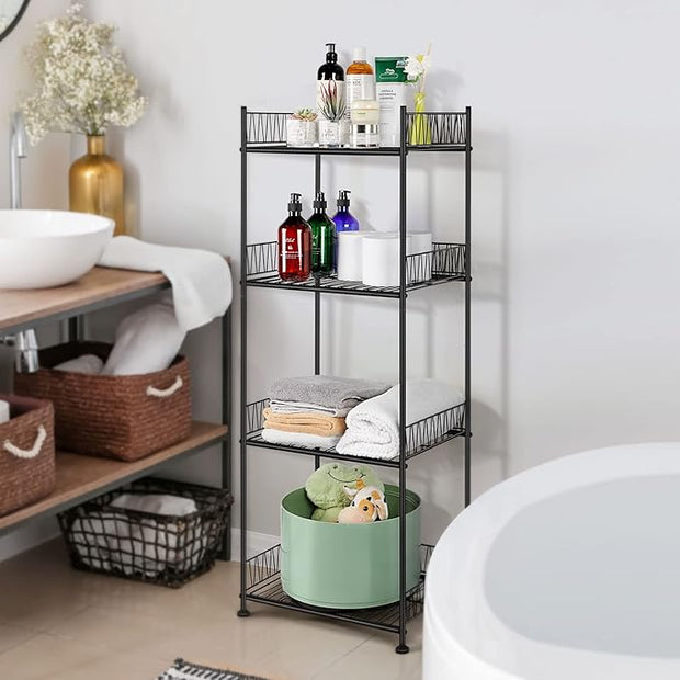 OYEAL Bathroom Shelves Freestanding Bathroom Towel Storage 4 Tier Wire Shelving Unit with Guard Bathroom Shelf Organizer Standing for Pantry Kitchen Laundry Room Organization, Black