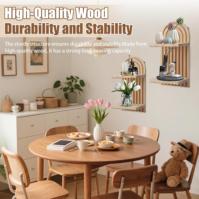 2 Pack Wooden Arched Wall Shelves, Mid-Century Modern Bohemian Style Double Layer Floating Shelves, Wall Mounted Display Shelves for Living Room, Bedroom, Nursery and Office Decor