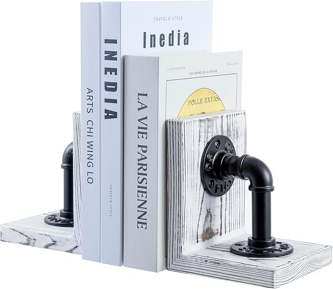 MyGift Decorative Bookends, Office Book Ends for Shelves, Book Holder L-Shaped Stand Desktop, Whitewashed Solid Wood with Realistic Industrial Pipe Design