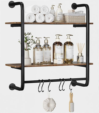 2 Tier Industrial Pipe Shelving, 24" Kitchen Shelves Wall Mounted with 6 Hooks, Coffee Bar Shelves Display Bookshelf Wall Shelf for Bedroom, Bathroom, Home Décor, Rustic Brown