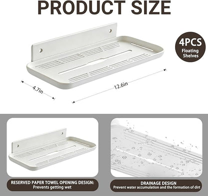 Adhesive Floating Shelves No Drill Floating Shelf for Wall Storage Damage-Free Wall Mounted Organizer for Bathroom, Kitchen, Bedroom & Office (White, 4 PCS)