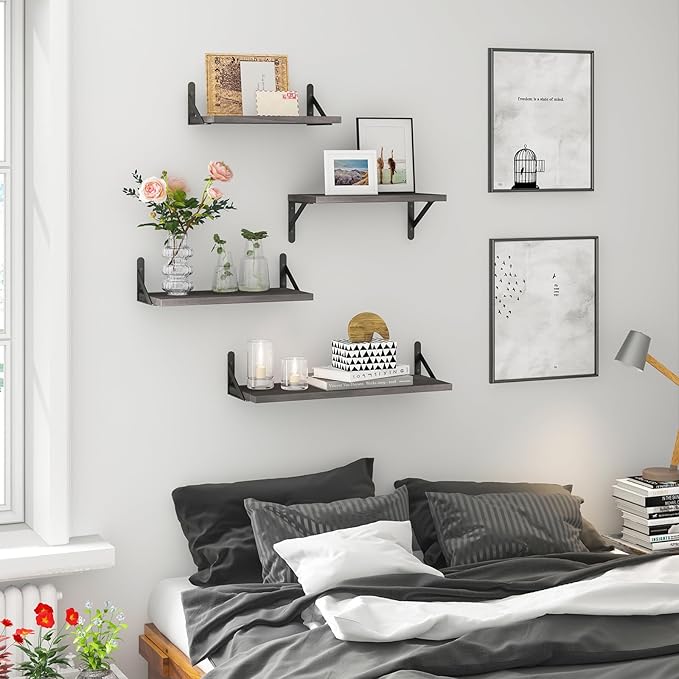 YGEOMER Floating Shelves for Wall, Different Sizes Weathered Gray Wall Shelves for Living Room, Bathroom, Bedroom, Kitchen, Home Decor (Set of 4)