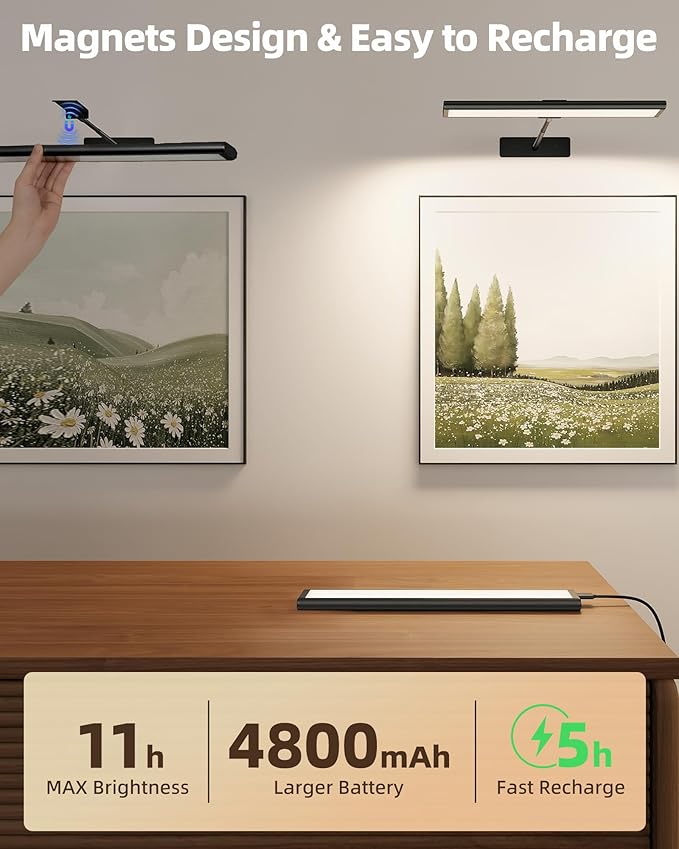 EZVALO Picture Light for Wall, 13'' Black Rechargeable 4800mAh Battery Lights Wireless with IR Remote, Magnetic LED Art Painting Light with 3 Color Temperatures, Display for Gallery, Living Room(2P)