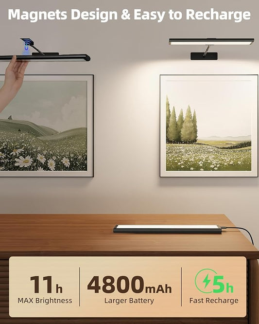 EZVALO Picture Light for Wall, 13'' Black Rechargeable 4800mAh Battery Lights Wireless with IR Remote, Magnetic LED Art Painting Light with 3 Color Temperatures, Display for Gallery, Living Room