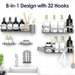 Shower Caddy Adhesive Shower Organizer 8-Pack, Rustproof Stainless Steel Bathroom Shelves, Large Capacity No-Drill Rack Storage Accessories with Soap Dish Toothbrush Holder Hooks