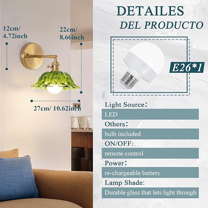 Vintage Wall Sconce, Battery Operated Wall Sconce with Green Glass Lampshade, Indoor not Hardwired Wall Sconces with Remote, Rechargeable RGB Vintage Wall Lamp, for Bedroom Living Room, etc