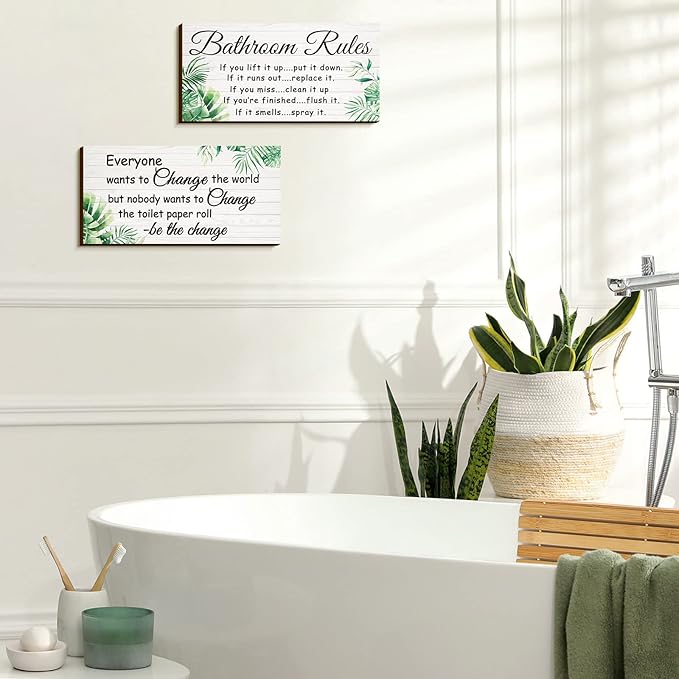 Jetec 2 Pieces Funny Bathroom Signs Bathroom Wall Decor Toilet Wall Accessories Farmhouse Toilet Rustic Wooden Signs, 12x6 Inch(Leaves Style)