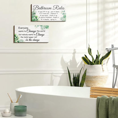 Jetec 2 Pieces Funny Bathroom Signs Bathroom Wall Decor Toilet Wall Accessories Farmhouse Toilet Rustic Wooden Signs, 12x6 Inch(Leaves Style)
