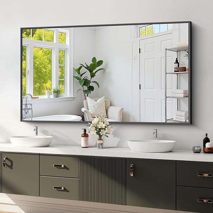 Koonmi Black Framed Bathroom Mirror - Shatterproof 30