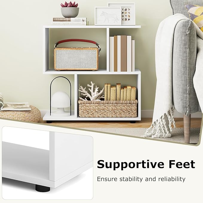 LOKO 3-Tier Geometric Bookshelf Set of 2, S-Shaped Open Bookcase, Freestanding Decorative Storage Shelving, Home Storage Organizer for Living Room, Bedroom, Home Office (2, White)