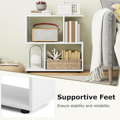 LOKO 3-Tier Geometric Bookshelf Set of 2, S-Shaped Open Bookcase, Freestanding Decorative Storage Shelving, Home Storage Organizer for Living Room, Bedroom, Home Office (2, White)