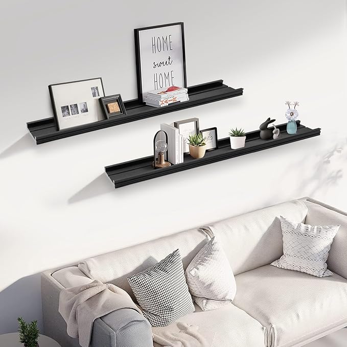 Muzilife 35.4 Inch Large Floating Shelves - Set of 2 Rustic Wood Floating Shelves - Wall Mounted Long Picture Ledge for Bathroom, Bedroom, Living Room, Black, U Shape