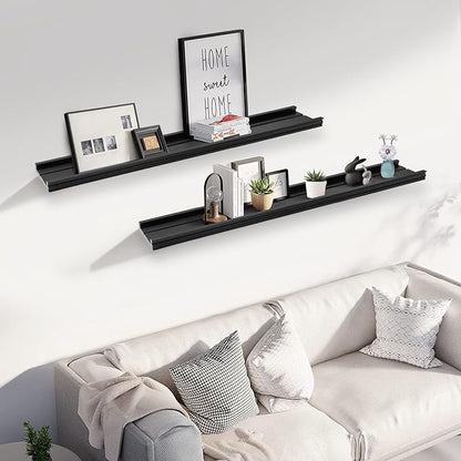 Muzilife 35.4 Inch Large Floating Shelves - Set of 2 Rustic Wood Floating Shelves - Wall Mounted Long Picture Ledge for Bathroom, Bedroom, Living Room, Black, U Shape