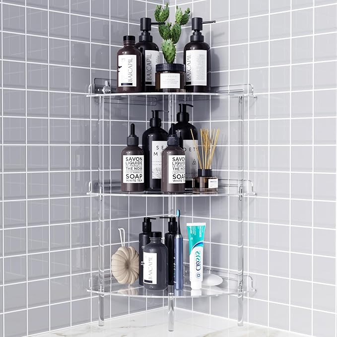 Corner Shower Caddy, 3 Tier Acrylic Shower Organizer Corner for Inside Shower, Rustproof Floor Standing Shower Shelves for Bathroom, Clear