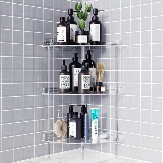 Corner Shower Caddy, 3 Tier Acrylic Shower Organizer Corner for Inside Shower, Rustproof Floor Standing Shower Shelves for Bathroom, Clear