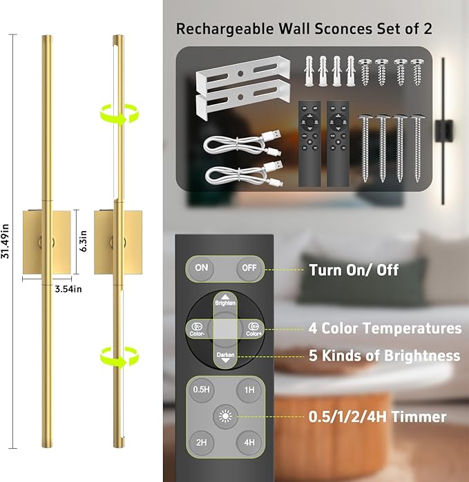 Battery Operated Wall Sconces Set of Two: Dimmable Wireless Wall Lights with Remote, 31-inch LED Rechargeable Sconces, 360° Lighting Wall Scone Decor for TV, Mirror, Bedroom, Living Room(Gold)