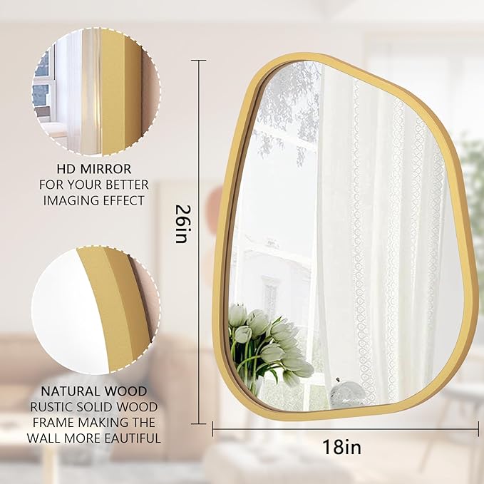 Large Asymmetrical Wall Mirror Irregular Wood Frame Modern Unique Wall-Mounted Artistic Wavy Mirror Decor Bathroom Vanity Bedroom Living Room Entryway Hallway 26