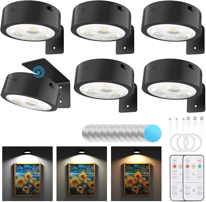 6 Pack Picture Lights for Wall, Rechargeable Battery Operated Wall Lights, Picture Frame Lights with 3 Lighting Modes, Wireless Magnetic Painting Light with Remote Control Timer, (Black)
