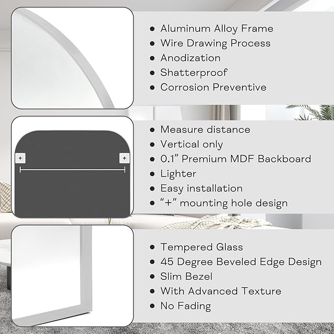 Modern Large Wall Mirror, Modern Mantel Minimalist Home Decor, Brushed Silver Metal Framed Arched Mirror for Living Room, Bedroom, Fireplace, Mantle, Entryway, Bathroom, 36