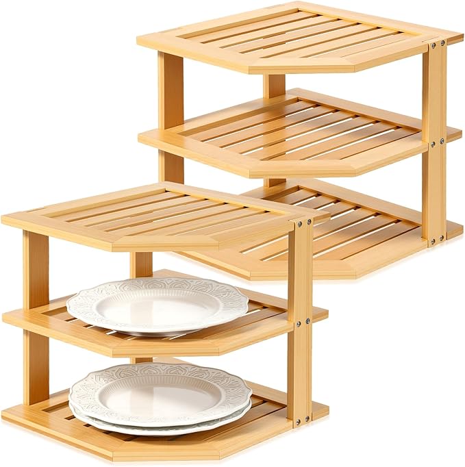 2 Pcs Corner Bamboo Shelf, Kitchen Cabinet Organizer Bamboo Bookshelf, Organizer Kitchen Shelves, Corner Cabinet Rack, Storage Shelves for Pantry Bathroom Dining Room Study Laundry