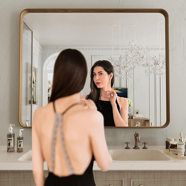 LOAAO 40X24 Inch Bathroom Mirror with Wood Grain Colored Metal Frame, Rounded Rectangle Metal Framed Bathroom Mirror, Anti-Rust, Hangs Horizontally or Vertically