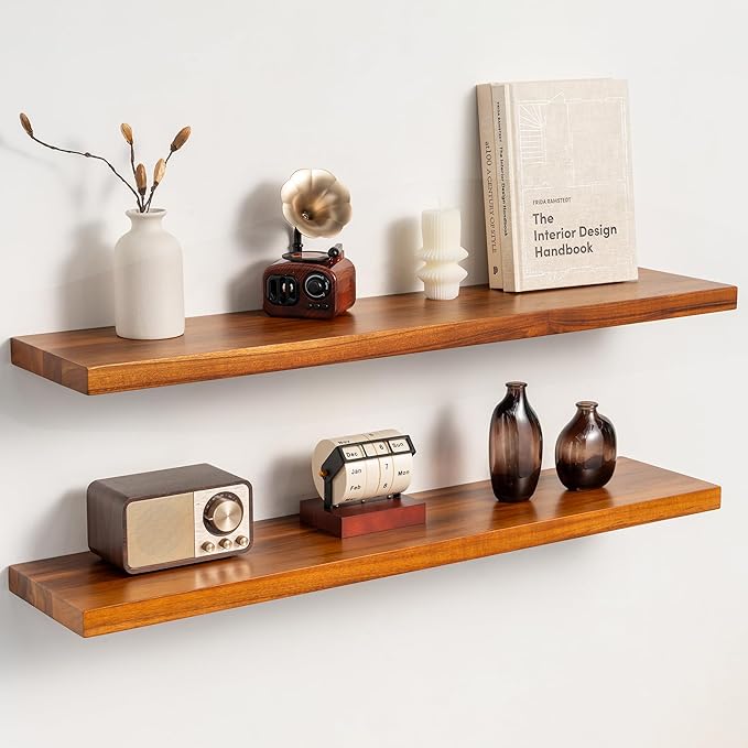 Teak Floating Shelves Set of 2-36 Inch Natural Waterproof Wood Wall Shelves with Invisible Brackets for Bathroom, Kitchen, Balcony - Solid Teak Wood Shelving, Water-Resistant Wall Decor