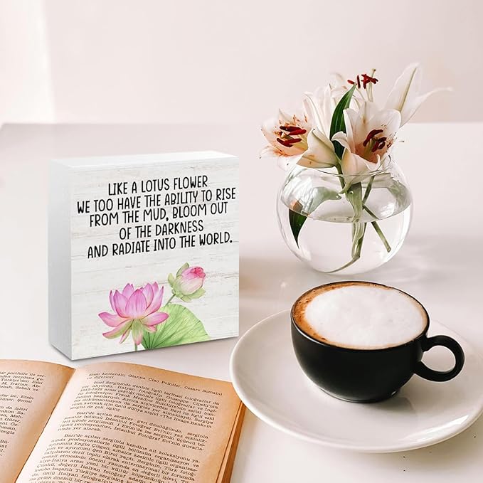 Inspirational Gifts Lotus Wood Box Sign Desk Decor, Like a Lotus Flower, Motivational Gifts Desk Decorative Signs for Home Office Living Room Table Shelf Cubicle