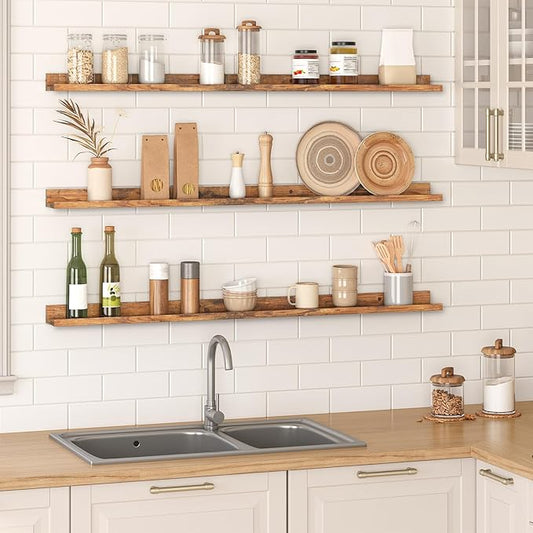 HOOBRO Floating Shelves, Wall Shelf Set of 3, 47.2 Inches Hanging Shelf with Raised Edge and Invisible Brackets, for Bathroom, Bedroom, Kitchen, Office, Living Room Decor, Rustic Brown BF92BJ01