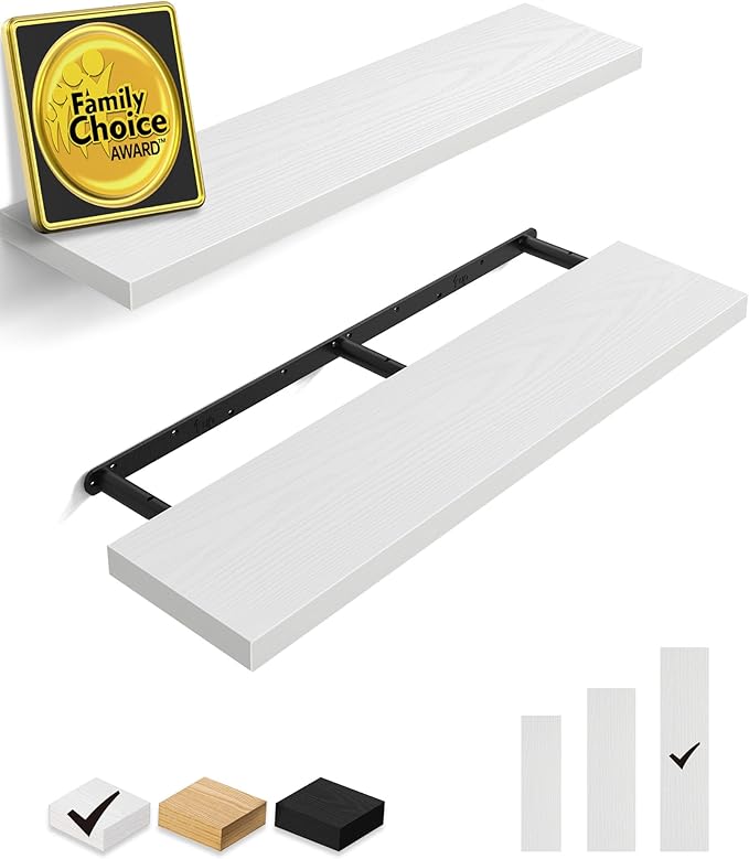 BAYKA Floating Shelves for Wall, 36 inches Long Wall Mounted Rustic Wood Shelves for Bathroom, Bedroom, Living Room, Kitchen, Office, Hanging Shelf for Books/Storage/Decor(White,Set of 2)