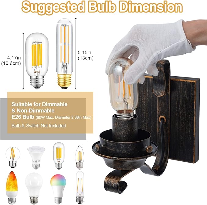 Wall Sconces Sets of 2, Oil Rubbed Bronze Hardwired Wall Sconce Indoor, Retro Rustic Wall Lamps with Amber Glass,Vintage Bedside Sconces Wall Lighting for Living Room Bathroom