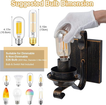 Yisuro Hardwired Wall Sconce,Oil Rubbed Bronze Hardwired Wall Sconce Indoor, Retro Rustic Wall Lamps with Amber Glass,Vintage Bedside Sconces Wall Lighting for Living Room Bathroom