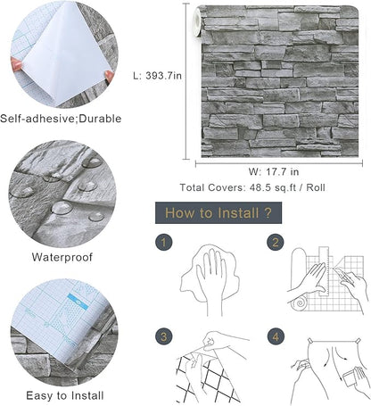 Timeet 17.7" x 393" 3D Grey Stone Wallpaper Peel and Stick Brick Self Adhesive Wall Paper Removable Waterproof Contact Paper for Bedroom Living Room Decor Vinyl Film Roll