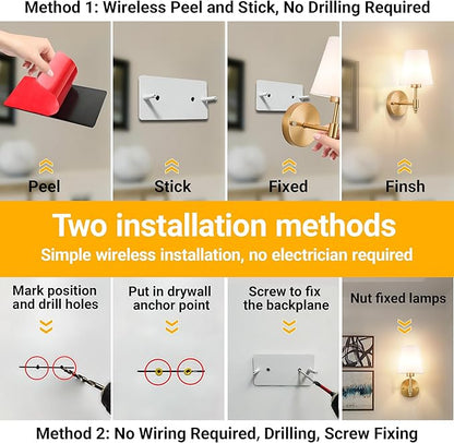 Peel and Stick Wall Sconces, Stick On Wall Sconce Set of 2, Battery Operated Wireless Wall Light, No Drill Adhesive Wall Lamp, Corn Bulb with 10000mAh Rechargeable Battery, Bedroom Wall Decor
