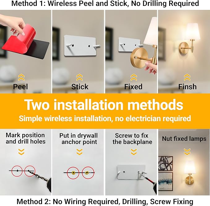 Peel and Stick Wall Sconces, Stick On Wall Sconce Set of 2, Battery Operated Wireless Wall Light, No Drill Adhesive Wall Lamp, Corn Bulb with 10000mAh Rechargeable Battery, Bedroom Wall Decor