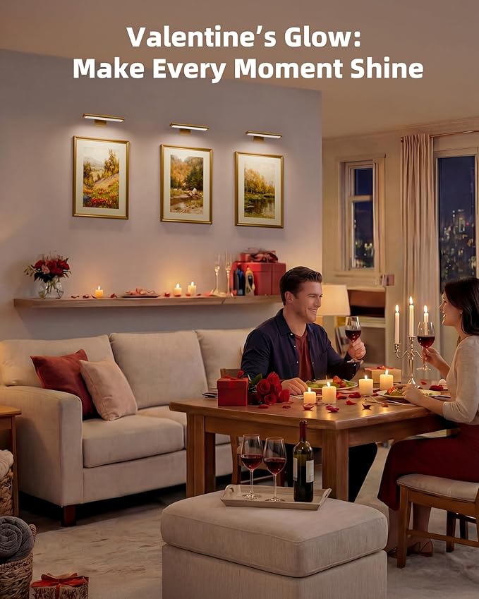 EZVALO Picture Light for Wall, Rechargeable 2400mAh Battery Lights Wireless Remote, 3 Color & Dimmable Magnetic 7.87'' LED Lights Display for Painting, Living Room, Gallery, Bedroom(Gold-3P)