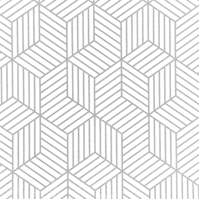 WENMER Geometric Hexagon Wallpaper Contact Paper 17.7 Inch x 394 Inch Geometric Hexagon Silver Peel and Stick Wallpaper Removable Vinyl Film for Home Drawer Shelf Use