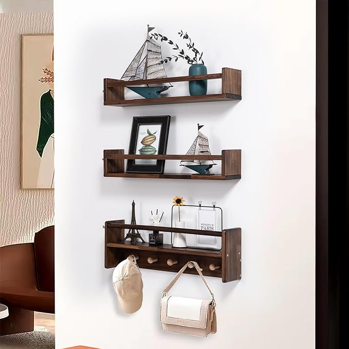 AZSKY 16 Inch Nursery Book Shelves Wall Floating Bookshelf with Hook Deep Walnut Hanging Book Shelf Toddler Room for Kids Room Bedroom Bathroom Living Room Kitchen Set of 3
