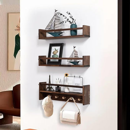 AZSKY 16 Inch Nursery Book Shelves Wall Floating Bookshelf with Hook Deep Walnut Hanging Book Shelf Toddler Room for Kids Room Bedroom Bathroom Living Room Kitchen Set of 3